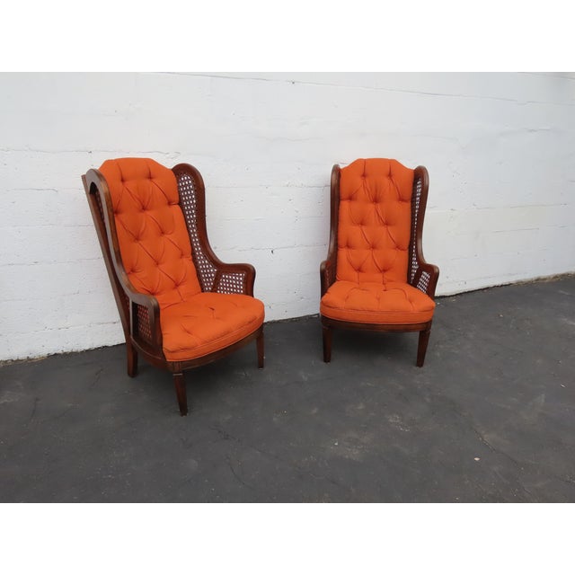 Mid 20th Century Hollywood Regency Extra Tall Caned Wing Back Livingroom Side Chairs a Pair 6654 For Sale - Image 5 of 17