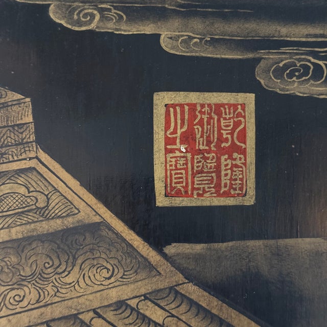 Monumental Antique Chinese Coromandel Style Qing Lacquer Four-Panel Screen For Sale - Image 10 of 11