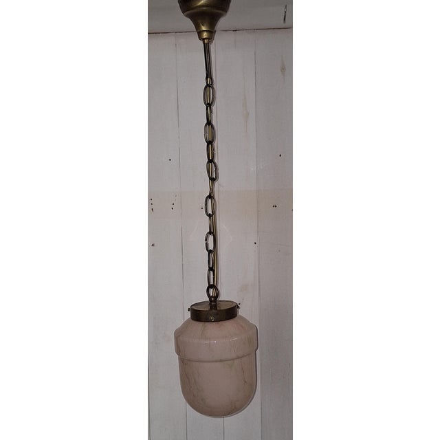 Antique Art Deco German Ceiling Lamp with Pink Marbled Glass Shade on a Brass Mount, 1920s For Sale - Image 3 of 9