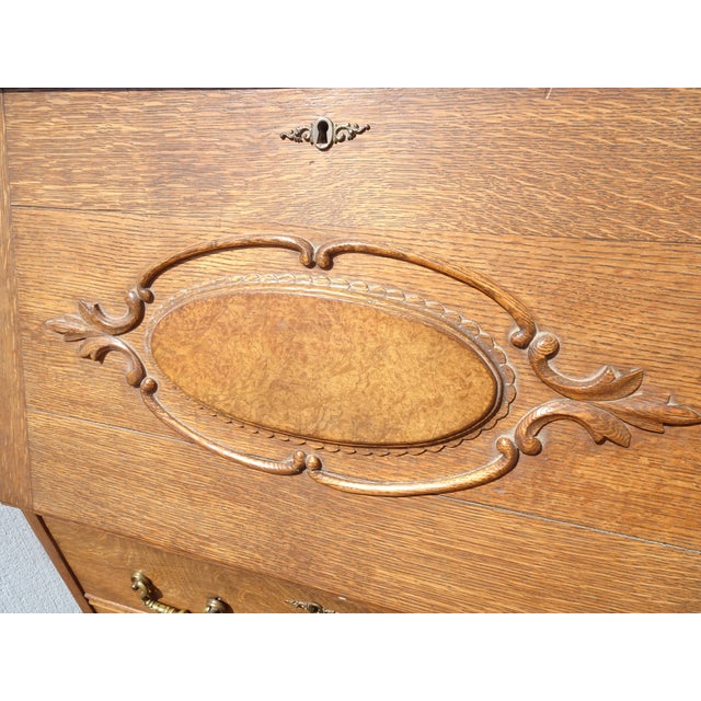 Antique Slant Front Drop Leaf Secretary Desk Quartersawn Oak With Mirror For Sale - Image 13 of 14
