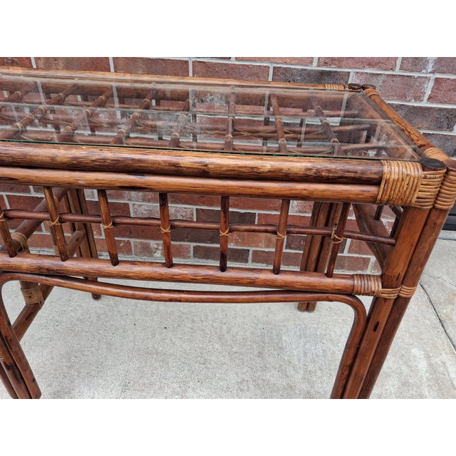Wood Large Mid Century Boho Chic Rattan Console Table With Glass Top. For Sale - Image 7 of 10