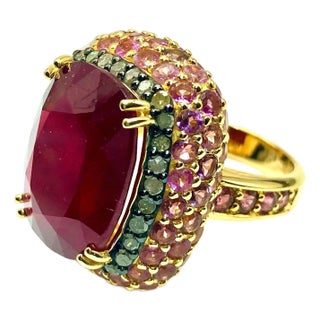 Bochic “Capri” Vintage Ruby, Emerald & Diamond Ring Set 18K Gold & Silver For Sale