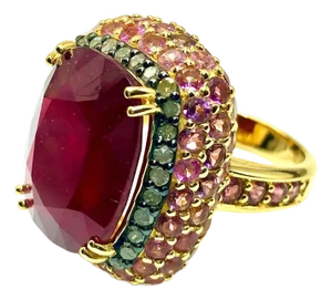 Bochic “Capri” Vintage Ruby, Emerald & Diamond Ring Set 18K Gold & Silver