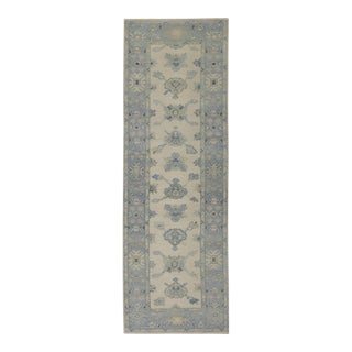 Blue & Cream Handwoven Turkish Oushak Runner 2'6" X 8'9" For Sale