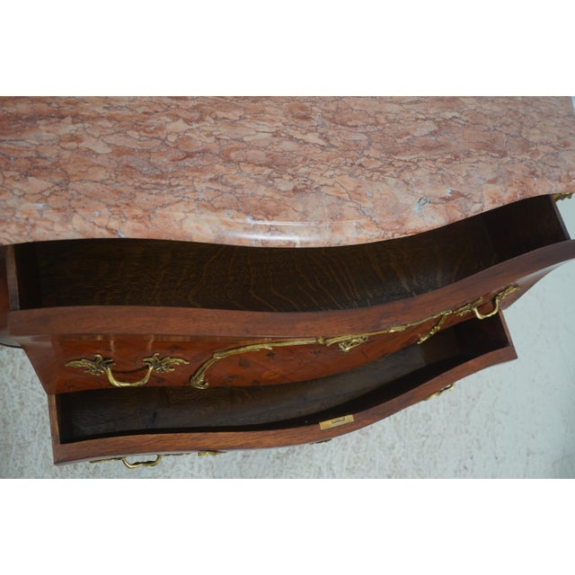 Vintage Louis XV Style Marquetry Bombe Marble Top Commode For Sale - Image 4 of 18