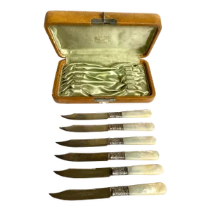Antique Sterling Silver and Mother of Pearl Fruit Knives Set of 6 in Leather Case