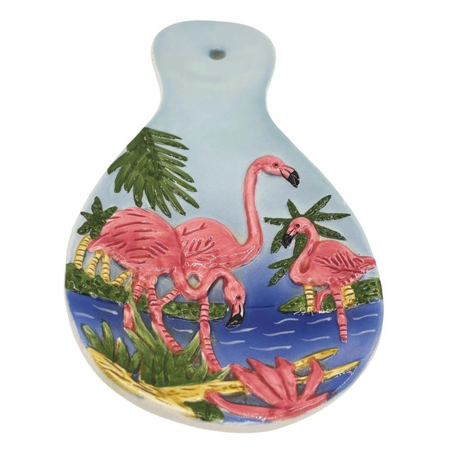 Mid-century Era pink and green 3d Flamingo ceramic spoon rest with several flamingos enjoying a beach holiday. The Spoon...