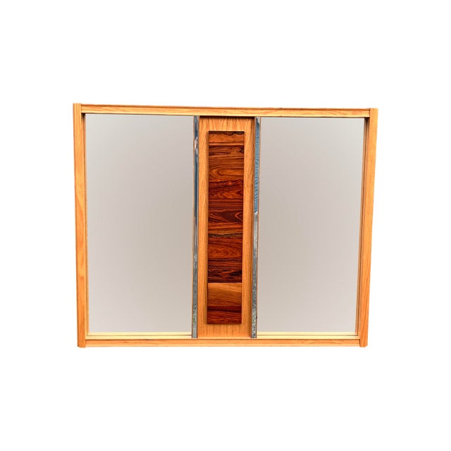 Brutalist Vintage Brutalist Modern Design Wall Mirror in Rosewood and Oak Mixed Woods For Sale - Image 3 of 5