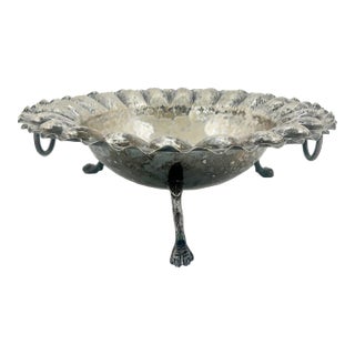 Late 20th Century Hammered Silver Plate Footed Bowl With Scalloped Edge and Ring Handles For Sale