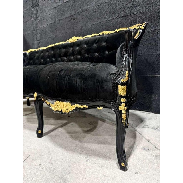 Gothic Black Velvet Sofa With Hand-Applied Gold Leaf Frame For Sale In Miami - Image 6 of 9