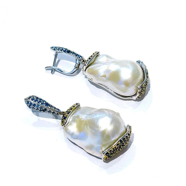 Bochic “Orient” Vintage Blue Sapphire & Pearl Earrings Set 18K Gold & Silver For Sale - Image 4 of 7