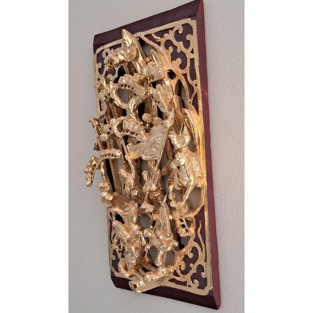 SKU: OT 2642 Vintage Chinese Gilt Lacquer Wood Wall Panel Deep Carving Warriors Battle Scene This Chinese wall panel,...