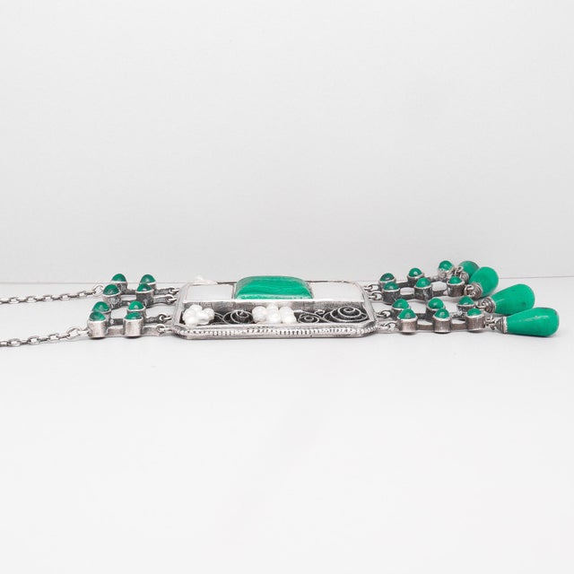 Antique Theodor Fahrner Sterling Silver, Malachite, & Pearl Jugendstil Necklace For Sale - Image 11 of 17