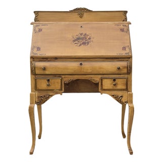 19th Century Antique Yellow Painted Victorian Ladies Slant Front Oak Secretary Desk For Sale