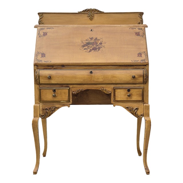 19th Century Antique Yellow Painted Victorian Ladies Slant Front Oak Secretary Desk For Sale
