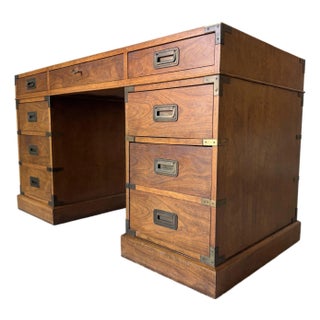 Baker Furniture Milling Road Hollywood Regency Campaign-Style Walnut Desk With Leather Top For Sale