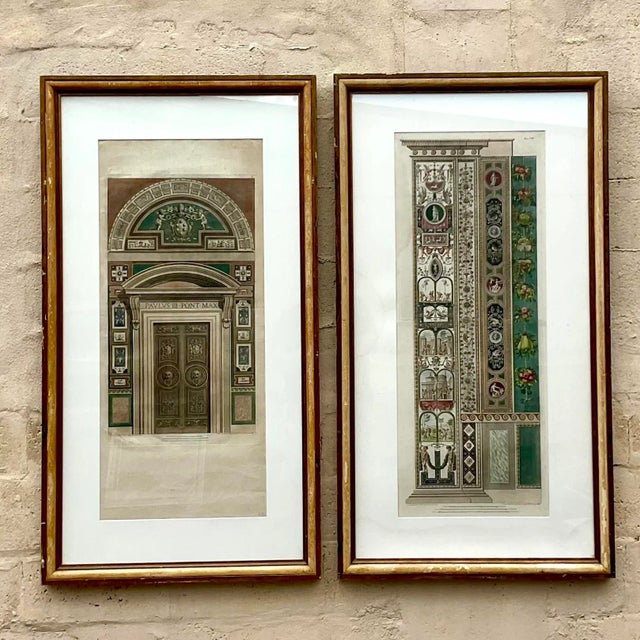 Coffee Vintage Pair of Hand Colored Engravings After Raphael “Le Loggie De Raffaello” From the Breakers Hotel For Sale - Image 8 of 11