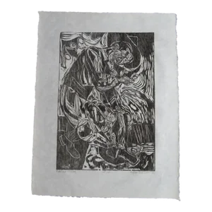 Mid 20th Century "Eating Melon" Byron Randall Modernist Abstract Woodcut Print