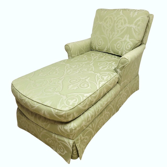 Custom Celadon Green Damask Upholstered Reading Chaise Lounge With Rolled Arms For Sale - Image 4 of 7