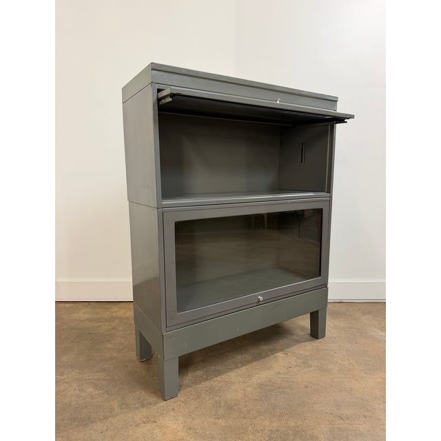 Vintage Industrial Steel Barrister Bookcase With Glass Lift-Up Doors For Sale - Image 11 of 13