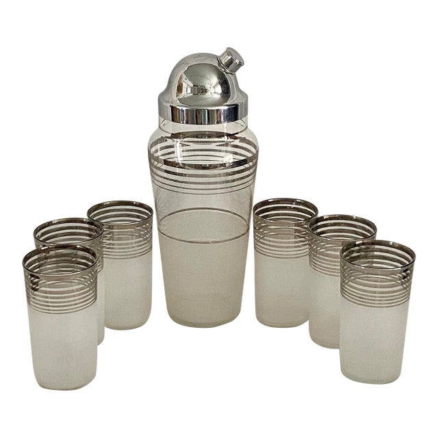 Mid-Century Modern Cocktail Set With Platinum Rings & Sugar Glass Finish - Set of 7 For Sale