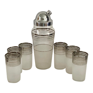 Mid-Century Modern Cocktail Set With Platinum Rings & Sugar Glass Finish - Set of 7