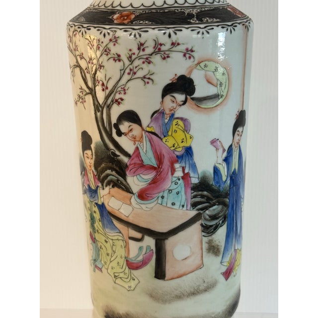 Chinoiserie Vintage Chinese Famille Rose Scholar Scene Chinoiserie Vase 13.5” Tall For Sale - Image 3 of 12