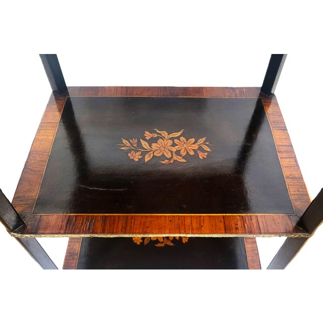 19th C French Inlaid 3 Tier Rosewood Ebony & Bronze Gallery Table Stand Etegere For Sale - Image 12 of 15