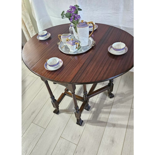 Farmhouse Antique Walnut Drop Leaf Gateleg Table Oval Spanish Revival Hoof Feet Carved Legs Circa 1900 For Sale - Image 3 of 12