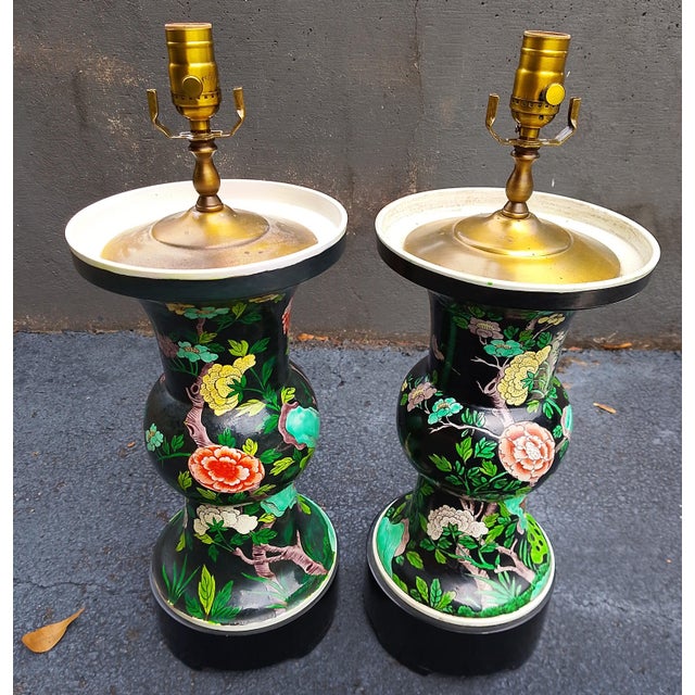 A striking pair of large vintage Chinese cloisonné vases, expertly converted into table lamps. Richly enameled with vivid...