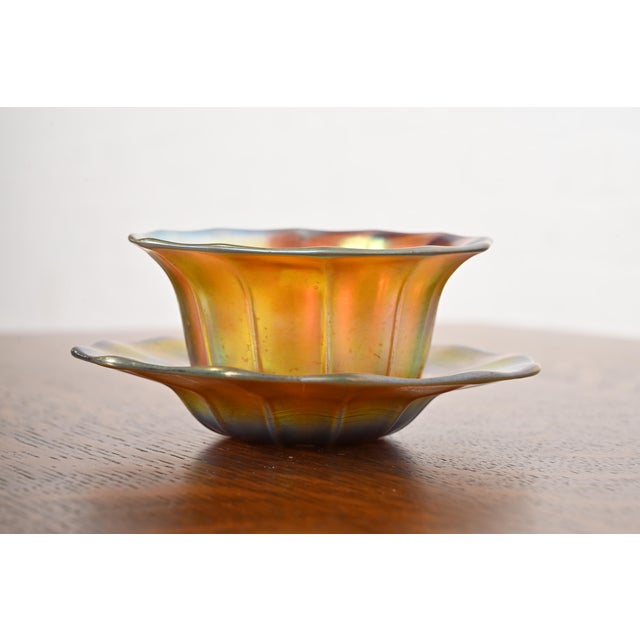 A gorgeous Arts & Crafts or Art Nouveau period Aurene iridescent art glass finger bowl with underplate By Steuben Glass...