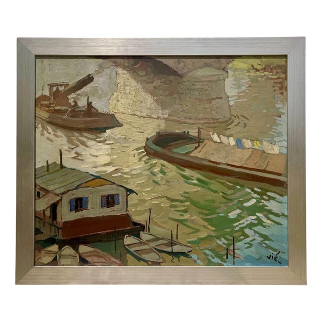 Gabriel Vié, Barges on the Seine, Oil on Panel, Framed For Sale