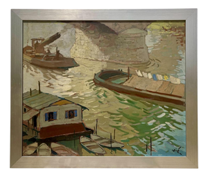 Gabriel Vié, Barges on the Seine, Oil on Panel, Framed