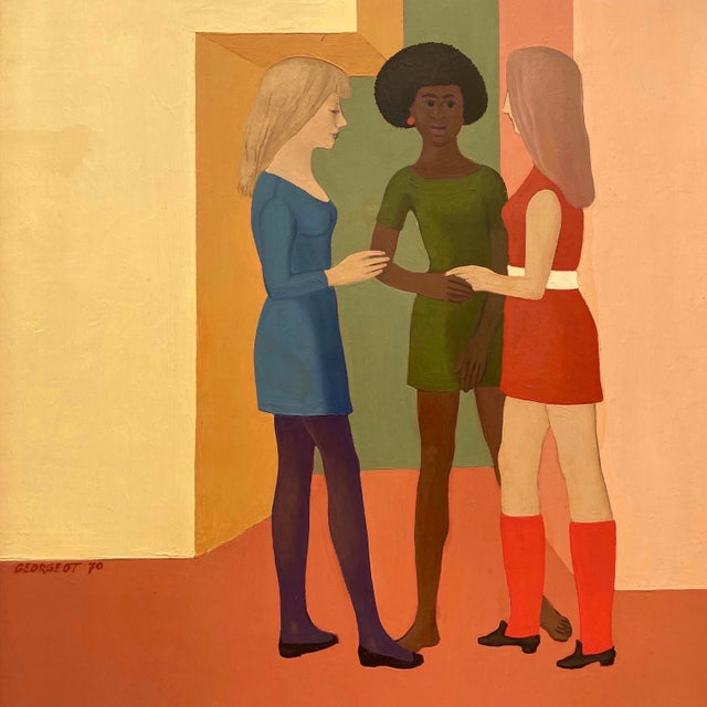 Pierre Georgeot Vintage 1970 Mid Century Modernist " Trois Aimes " Original Framed Paris Pop Art Oil Painting For Sale - Image 13 of 17