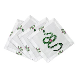 Thistle And Snake Cotton Sateen Cocktail Napkins in Pink White, Set of 4 For Sale