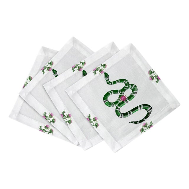 Thistle And Snake Cotton Sateen Cocktail Napkins in Pink White, Set of 4 For Sale