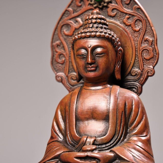Copper Copper Shakyamuni Buddha Statue With Inlaid Gemstone For Sale - Image 8 of 10