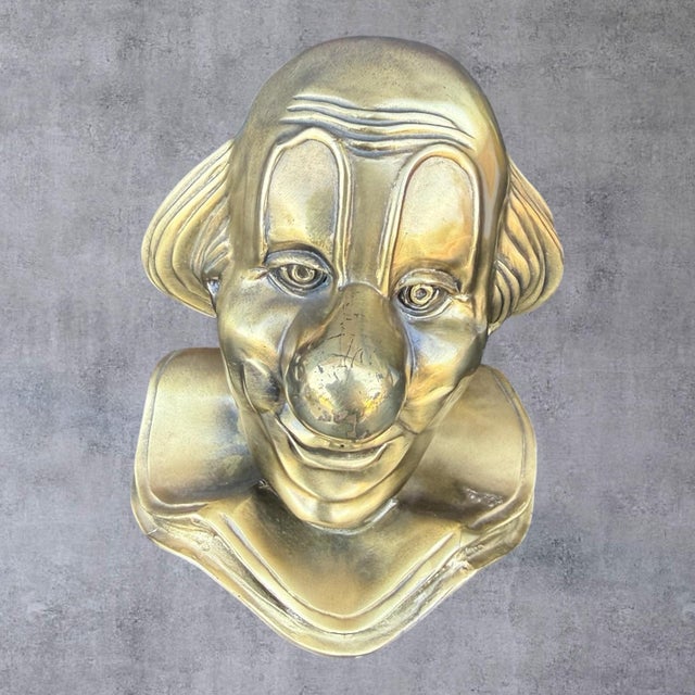 Vintage Solid Brass Clown Bust Sculpture Figure Wall Plaque 8" Heavy Circus 70s For Sale - Image 4 of 8