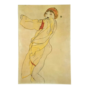 1981 Schiele 18 Erotic Drawing Woman Yellow Dress Orange Hair Band