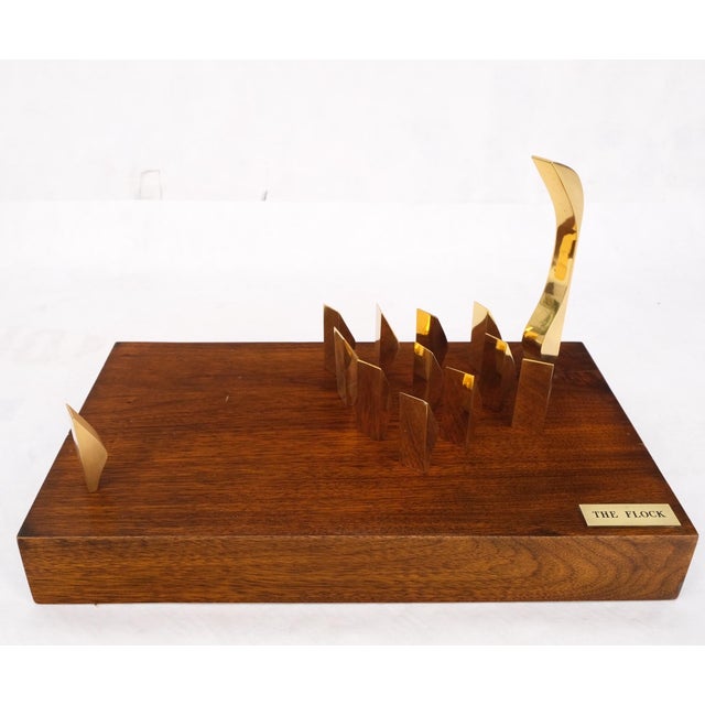 Mid 20th Century Mid 20th Century Modern Flock of Birds Sculpture Solid Brass Figurines on Walnut Rectangle Block For Sale - Image 5 of 17