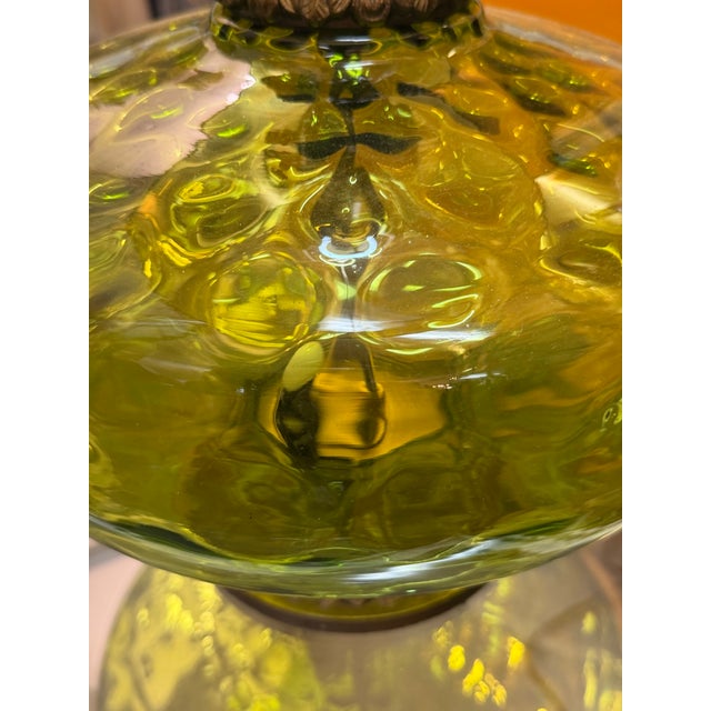 Metal 1960s Green Pressed Glass and Brass Finish Lamp Custom Foil Shade For Sale - Image 7 of 9