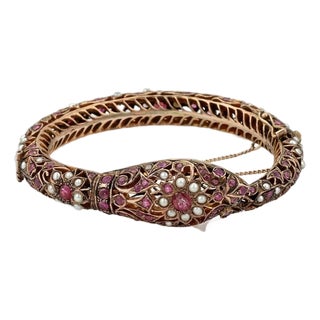 Retro 4ct Ruby Seed Pearls 9k Rose Gold Filigree Snake Eternal Bangle For Sale