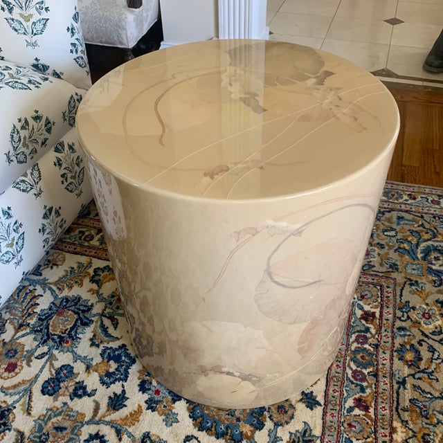 1970s French Laquere Martin Lily Pad Design Hand-Painted and Lacquered Parchment Drum Table For Sale - Image 9 of 10