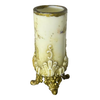 Fine Antique c.f. Monroe Wave Crest "Opal Ware" Hand-Painted Cylinder Vase in Ornate Gilt Ormolu Mount For Sale