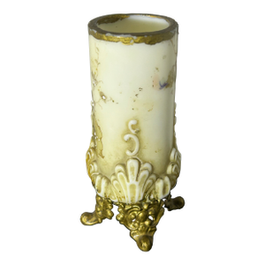 Fine Antique c.f. Monroe Wave Crest "Opal Ware" Hand-Painted Cylinder Vase in Ornate Gilt Ormolu Mount