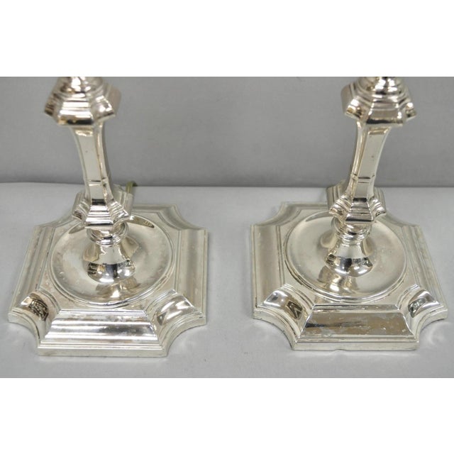 Metal Antique English Regency Silver Plated Footed Candlestick Table Lamps - A Pair For Sale - Image 7 of 16