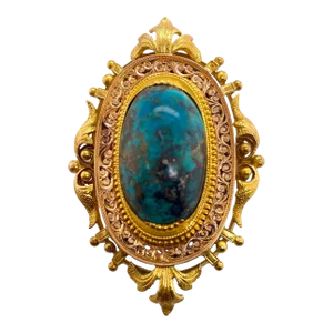 Late 19th Century Victorian 14k Gold and Turquoise Etruscan Pin