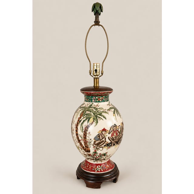Vintage Fredrick Cooper Chinoiserie Asian Ralph Lauren Style Handpainted With Palm Trees & Fez Monkeys Table Lamp For Sale - Image 9 of 11