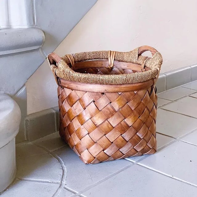 Vintage Woven Reed and Twine Wood Basket With Handles For Sale In Los Angeles - Image 6 of 6