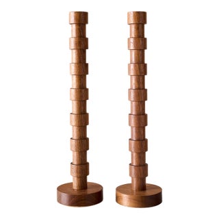 "Franc" Hand Turned Walnut Candle Holders by Lostine, Set of 2 For Sale